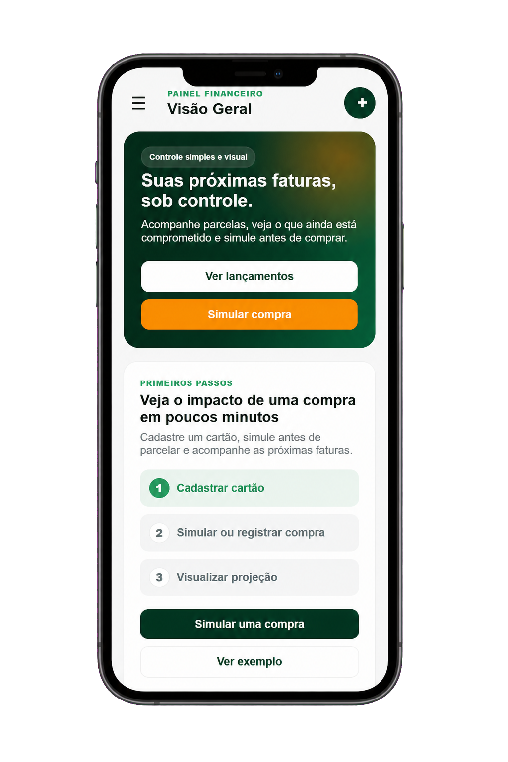 Painel inicial do Cartão no Controle em um celular