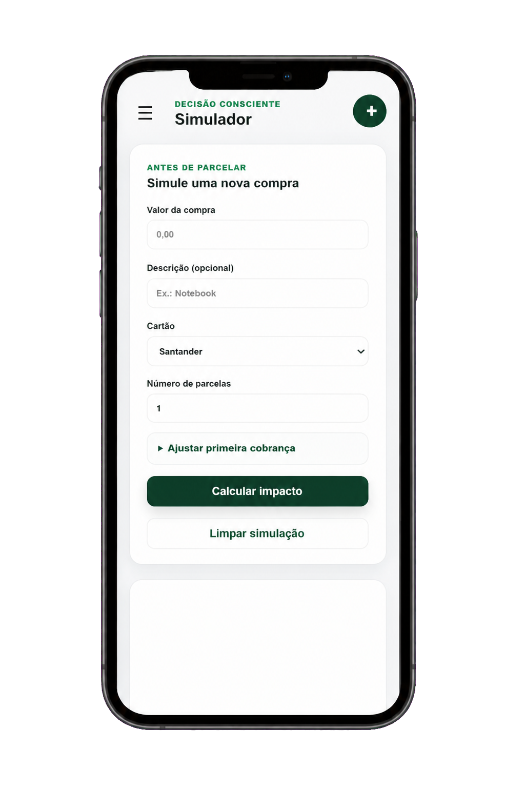 Tela do simulador do Cartão no Controle em um celular
